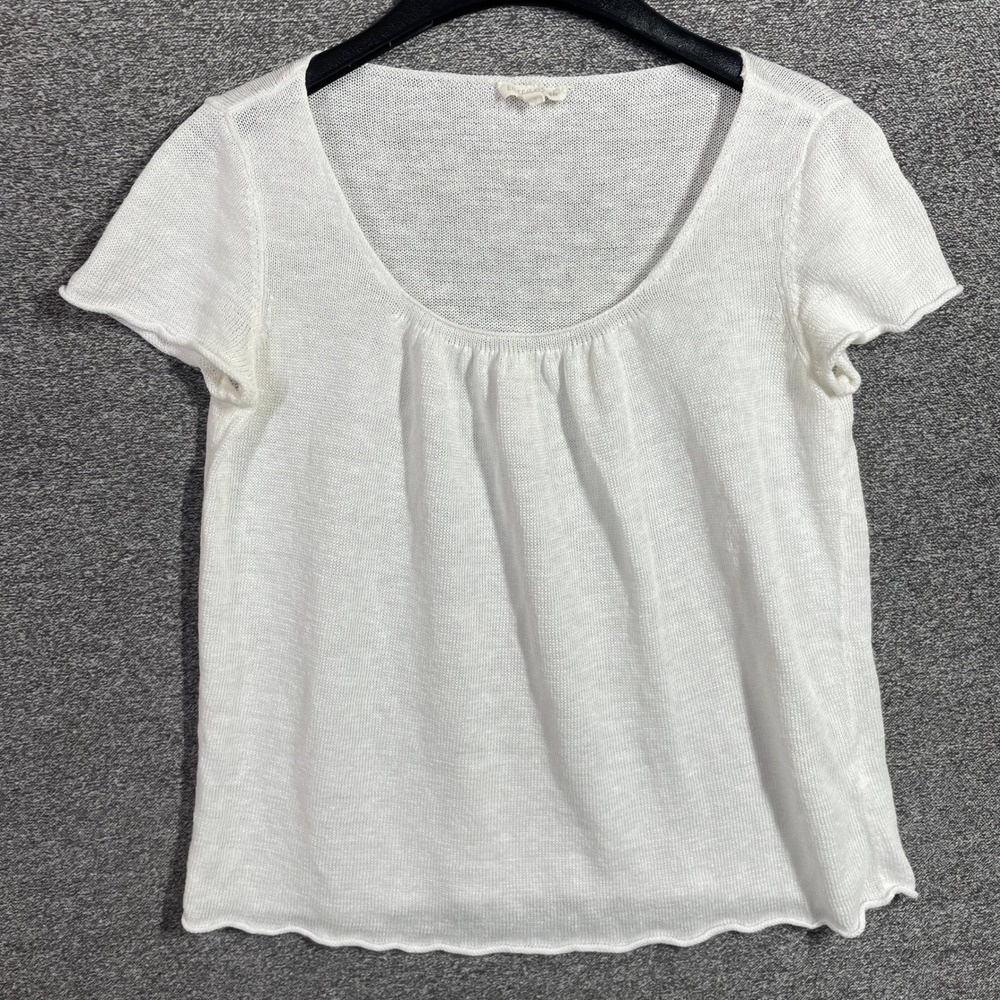 Eileen Fisher White 100% Linen Knit Scoop Neck Short Sleeve Sweater Top Small
